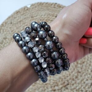 Elegant Black Metallic Faceted Beads Bracelet Set